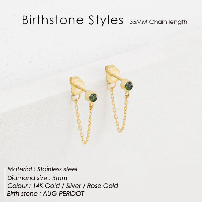Ladies Birthstone Chain Stud Earrings Gold Plated Stainless Steel 12 Colors Earring Jewelry for Woman Gift Wholesale