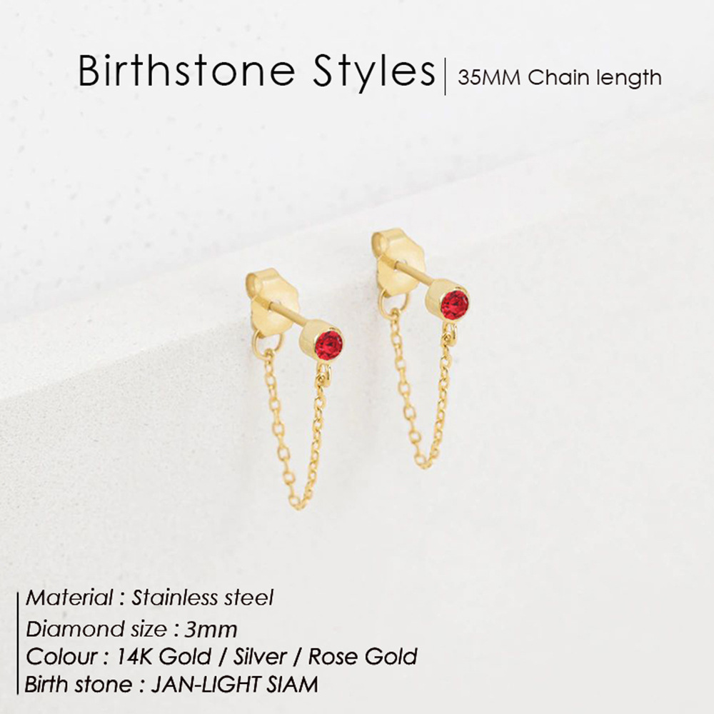 Ladies Birthstone Chain Stud Earrings Gold Plated Stainless Steel 12 Colors Earring Jewelry for Woman Gift Wholesale
