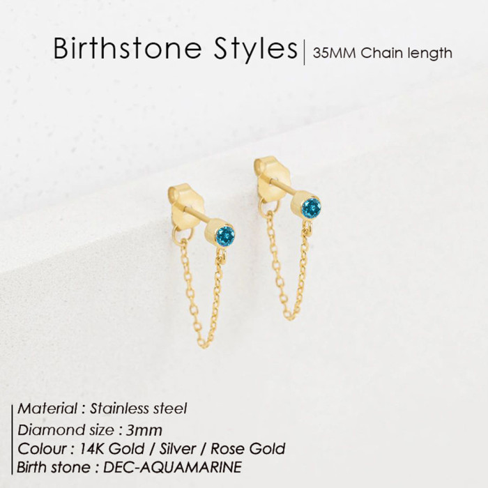 Ladies Birthstone Chain Stud Earrings Gold Plated Stainless Steel 12 Colors Earring Jewelry for Woman Gift Wholesale