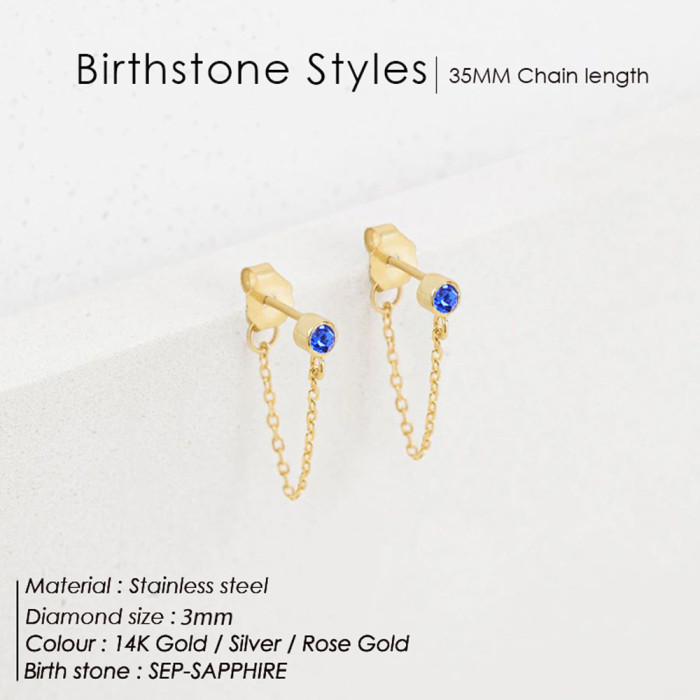 Ladies Birthstone Chain Stud Earrings Gold Plated Stainless Steel 12 Colors Earring Jewelry for Woman Gift Wholesale