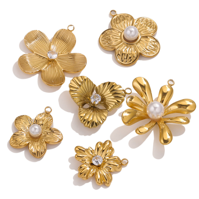 Stainless Steel Flower Pendant Encrusting Pearl Zircon Charm PVD Gold-plated Earrings Necklace Connector Jewelry Wholesale