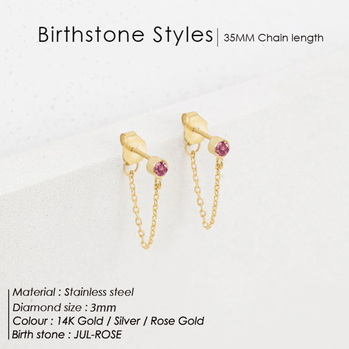 Ladies Birthstone Chain Stud Earrings Gold Plated Stainless Steel 12 Colors Earring Jewelry for Woman Gift Wholesale