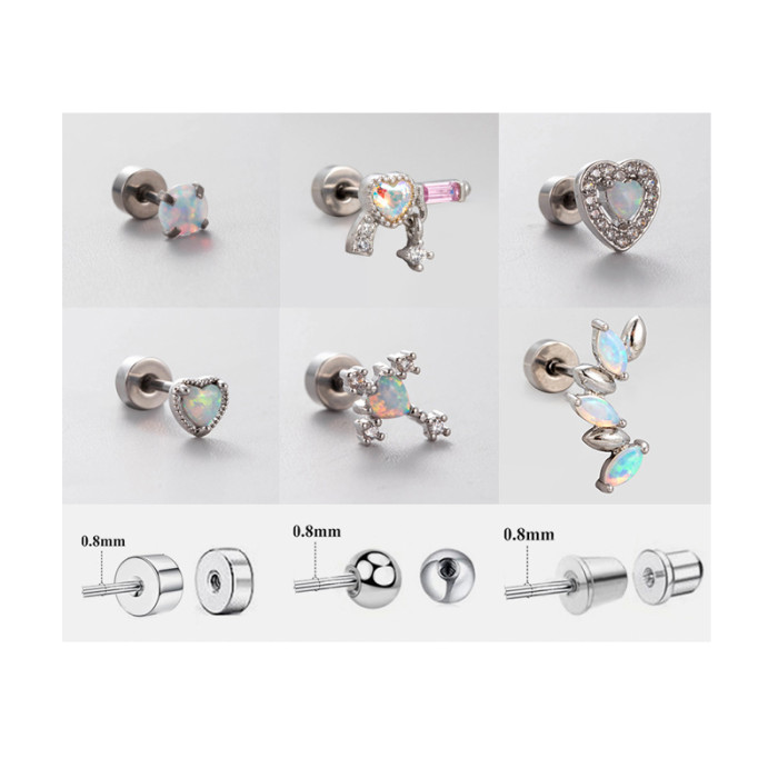 New Trendy Shiny Color Zircon 316L Stainless Steel Ear Bone Nail Gothic Love Heart Small Earrings for Women Jewelry