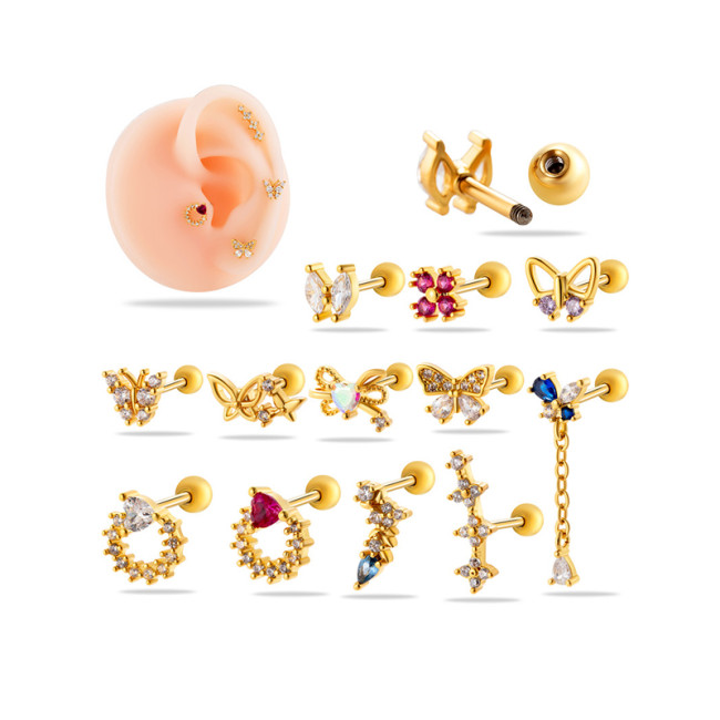 1Piece Colorful Zircon Stud Earrings Heart Butterfly Flower Screw Back Stainless Steel Cartilage Earring Helix Piercing Jewelry