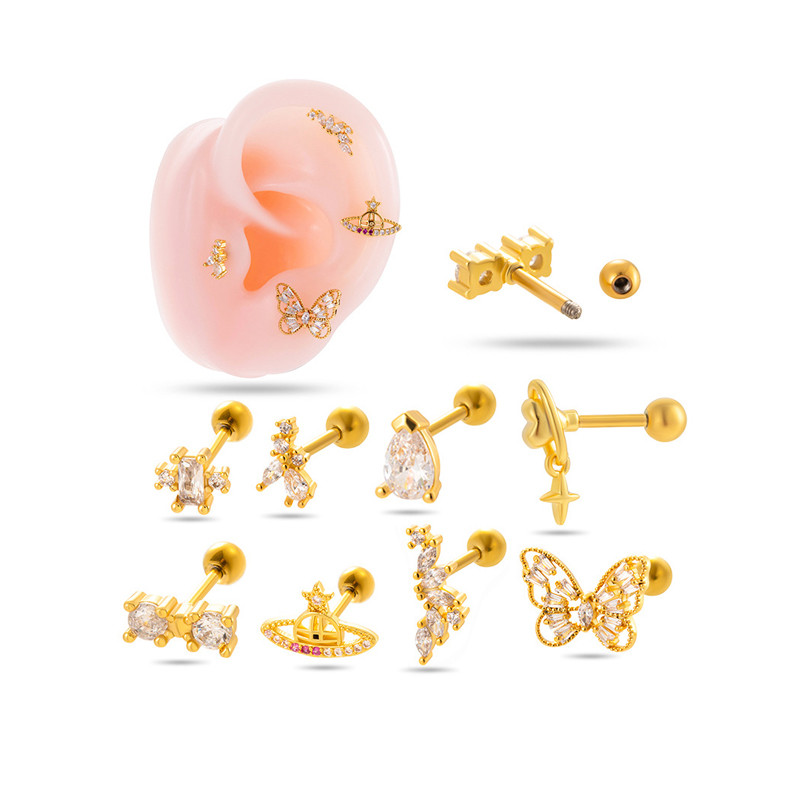 1Piece New Design Stainless Steel Crystal Zirconia Star Moon Studs Earring Double Head Screw Cartilage Earrings Piercing Jewelry