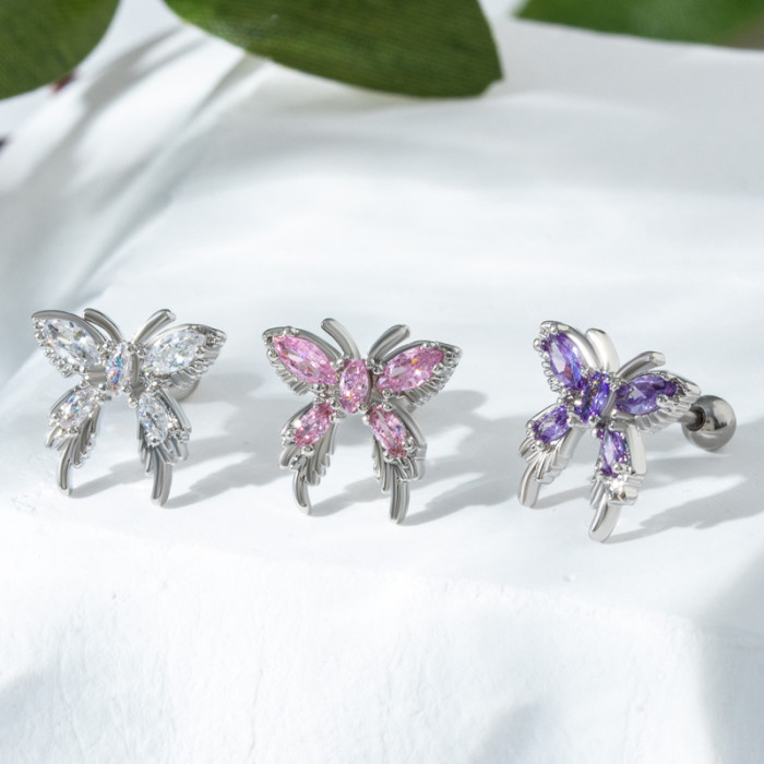 1PC Pink Zircon Butterfly Stud Earrings Stainless Steel Screw Back Cartilage Earring Helix Piercing Jewelry