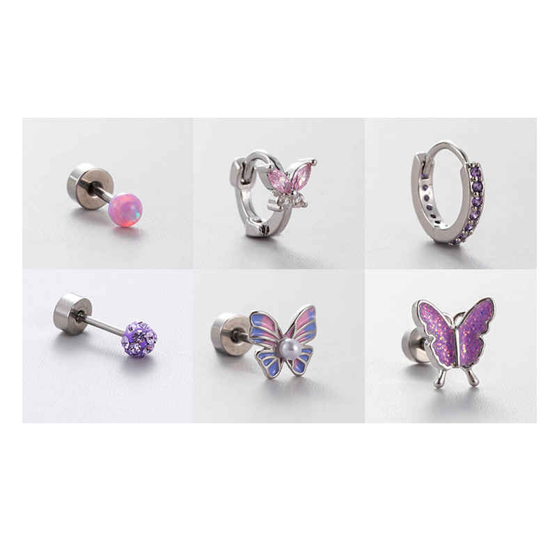 1PCS Purple Butterfly Earrings Piercing Women Cluster Pearl Earring Flat Cartilage Stud Earring Zircon Hoop Piercing Jewelry