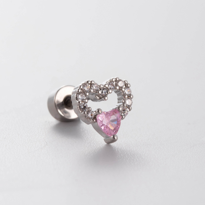 1 Pcs Cute Pink Zircon Bear Cross Love Heart 316L Stainless Steel Ear Bone Nail for Women Small Earrings Jewelry Birthday Gift