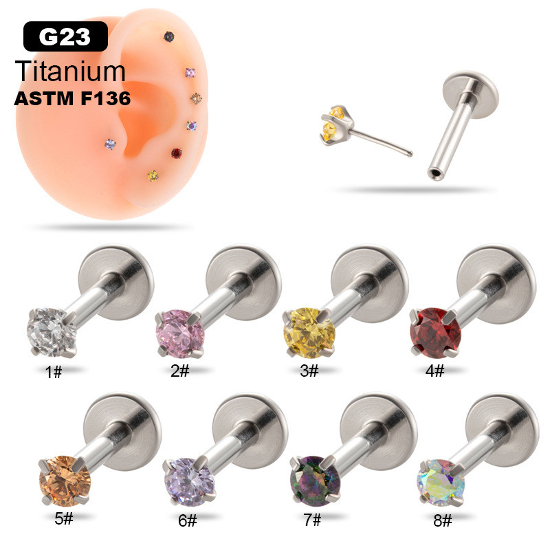 Titanium Colorful CZ Push In Threadless Labret Piercing Earring Stud Cartilage Wholesale Body Jewelry