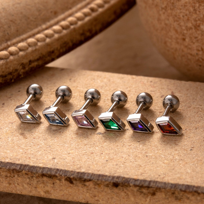 1PC Stainless Steel Colorful Crystal Zircon Stud Earring For Women 1.2mm Rod Rhombus Cartilage Earrings Helix Piercing Jewelry
