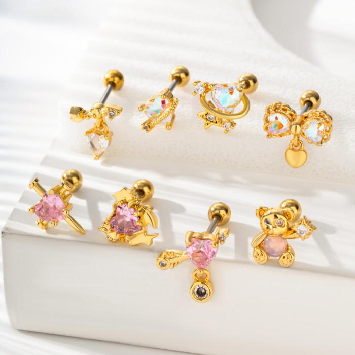 1PC Stainless Steel Ear Helix Tragus Cartilage Piercing Jewelry Love Heart Bowknot Crystal Zircon Screw Back Stud Ear...