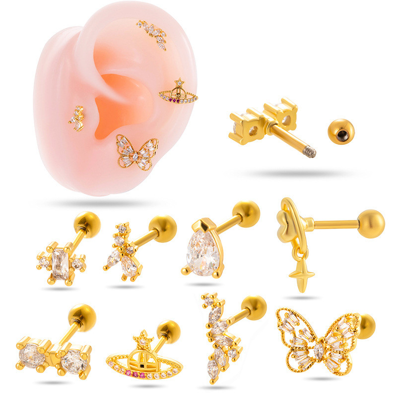 1Piece New Design Stainless Steel Crystal Zirconia Star Moon Studs Earring Double Head Screw Cartilage Earrings Piercing Jewelry