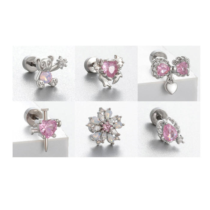 1 Pcs Bling Pink Cross Pendant Ear Bone Nail 316L Stainless Steel Allergy Prevention Earrings for Women