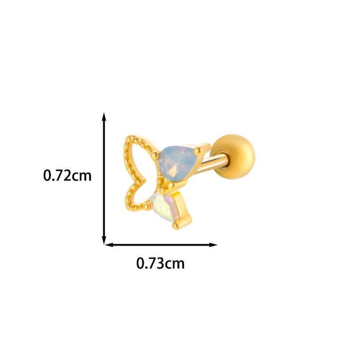1PCS Cubic Zirconia Single Flower Ear Piercing Gold Silver Cartilage Stud Earring with Stainless Steel Butterfly Design Jewelry