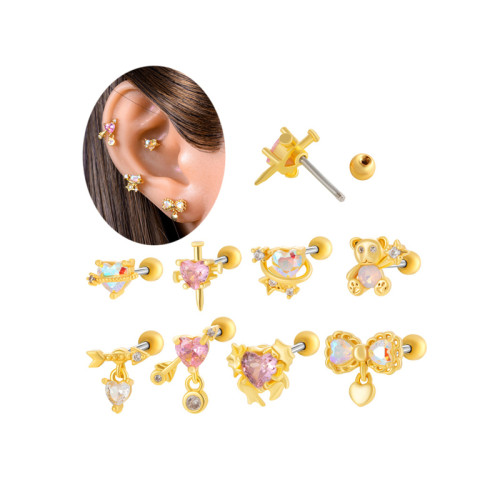 1PC Stainless Steel Ear Helix Tragus Cartilage Piercing Jewelry Love Heart Bowknot Crystal Zircon Screw Back Stud Earrings