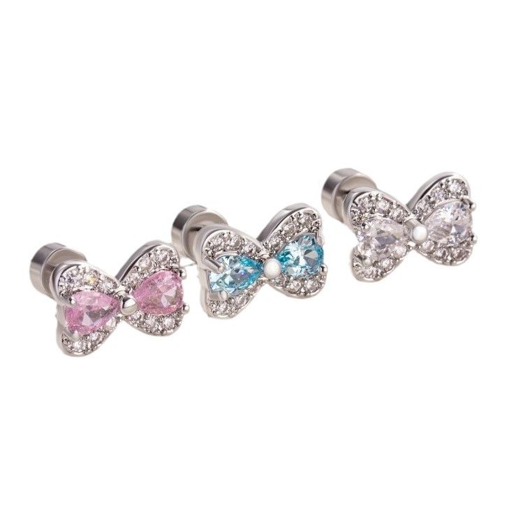 1 Pcs Pink Lace Edge Peach Heart Bowknot Ear Bone Nail 316L Stainless Steel Cute Piercing Earring Women Punk Jewelry