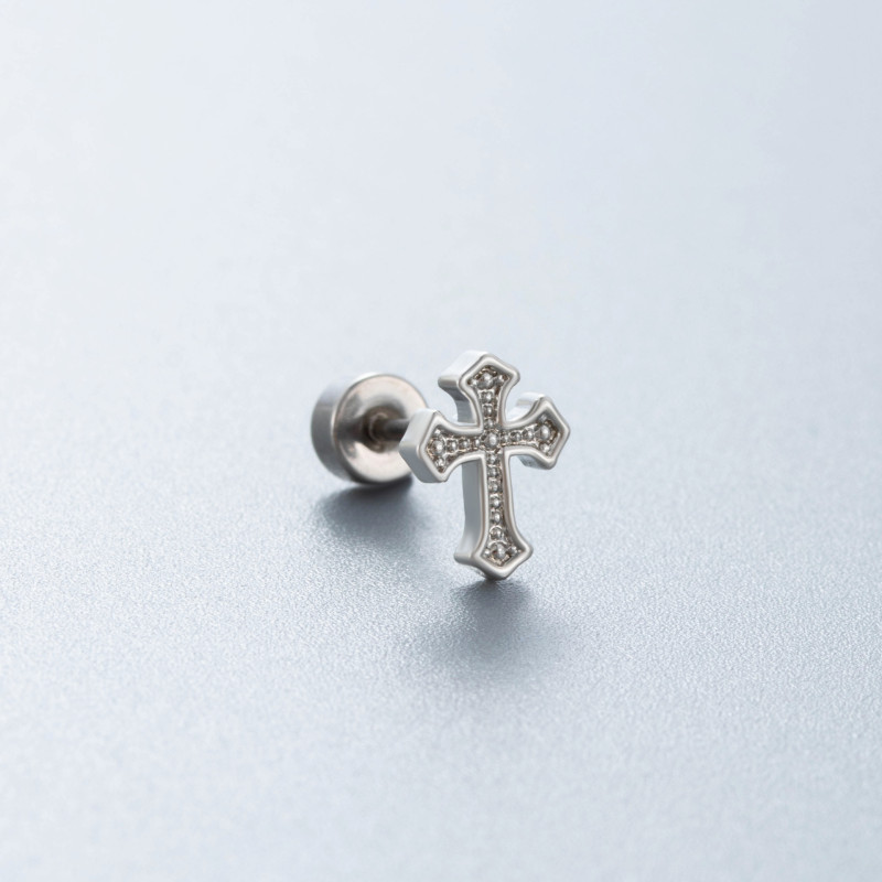 1Piece Stainless Steel Cross Jesus Zircon Bone Stud Stud Ear Tragus Internally Threaded Flat Bottom Cartilage Piercing Earring