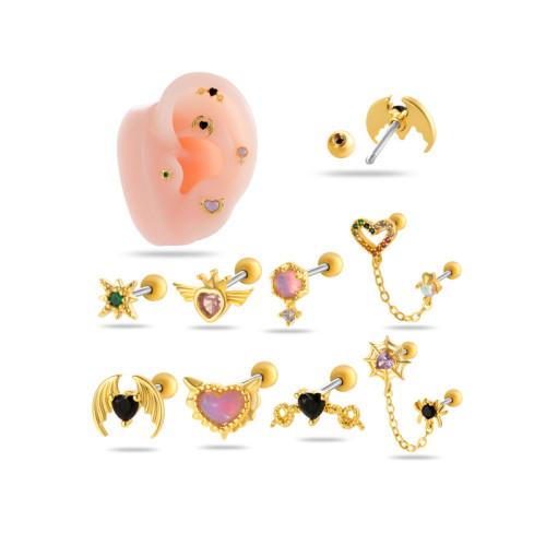 1Piece Zircon Halloween Spider Heart Chain Cartilage Earrings Screw Back Stainless Steel Stud Earring Helix Ear Piercing Jewelry