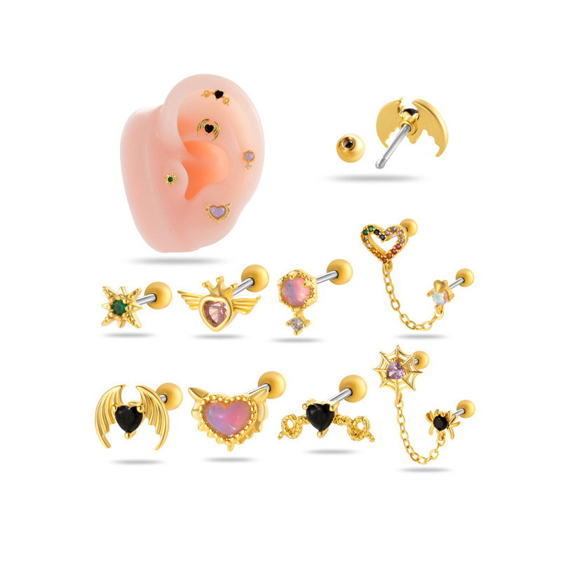 1Piece Zircon Halloween Spider Heart Chain Cartilage Earrings Screw Back Stainless Steel Stud Earring Helix Ear Piercing Jewelry