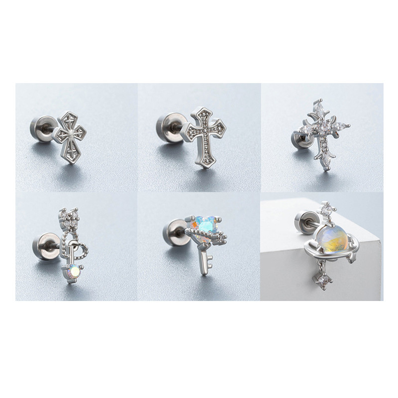 1Piece Stainless Steel Cross Jesus Zircon Bone Stud Stud Ear Tragus Internally Threaded Flat Bottom Cartilage Piercing Earring
