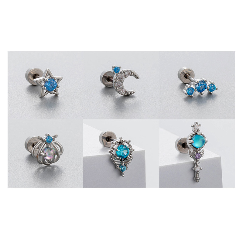 1pcs Steel Blue Crystal Ear Tragus Cartilage Helix Piercing Woman Moon Marquise Star Zircon Lobe Earrings For Girl Gift