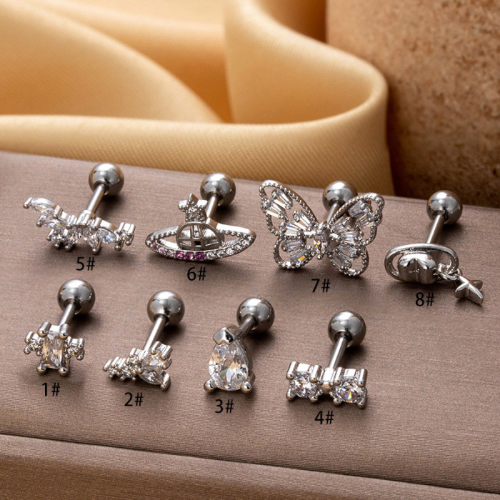 1Piece New Design Stainless Steel Crystal Zirconia Star Moon Studs Earring Double Head Screw Cartilage Earrings Piercing Jewelry