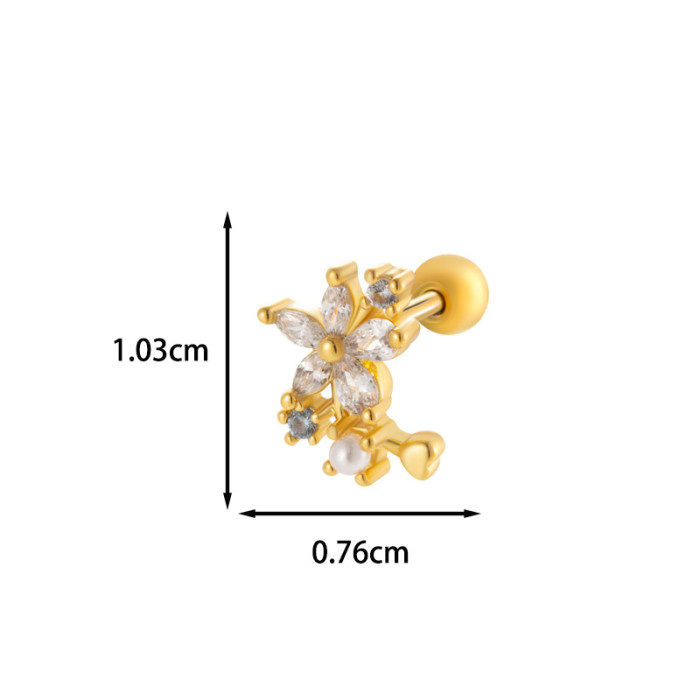 1PCS Cubic Zirconia Single Flower Ear Piercing Gold Silver Cartilage Stud Earring with Stainless Steel Butterfly Design Jewelry
