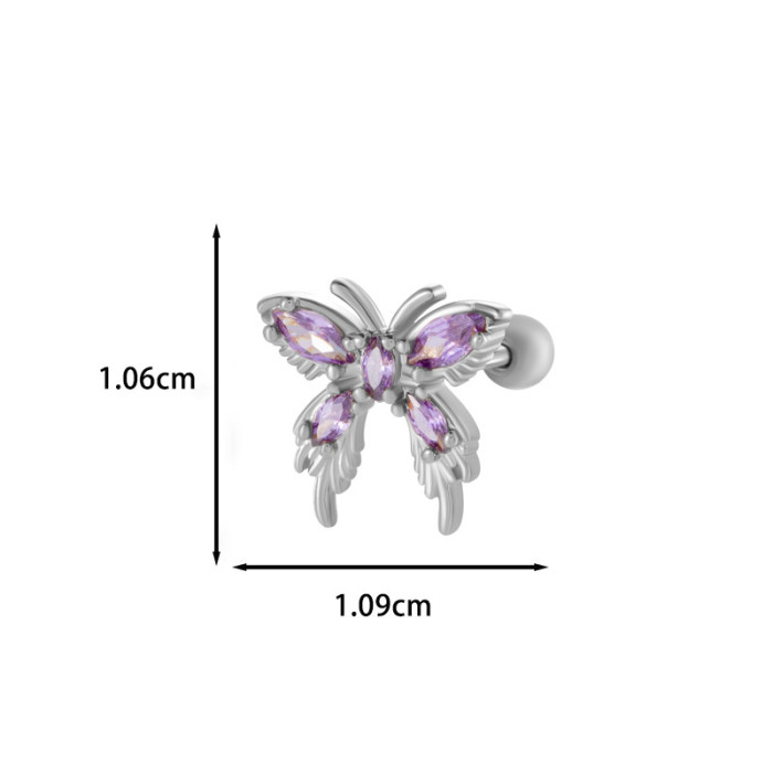 1PC Pink Zircon Butterfly Stud Earrings Stainless Steel Screw Back Cartilage Earring Helix Piercing Jewelry