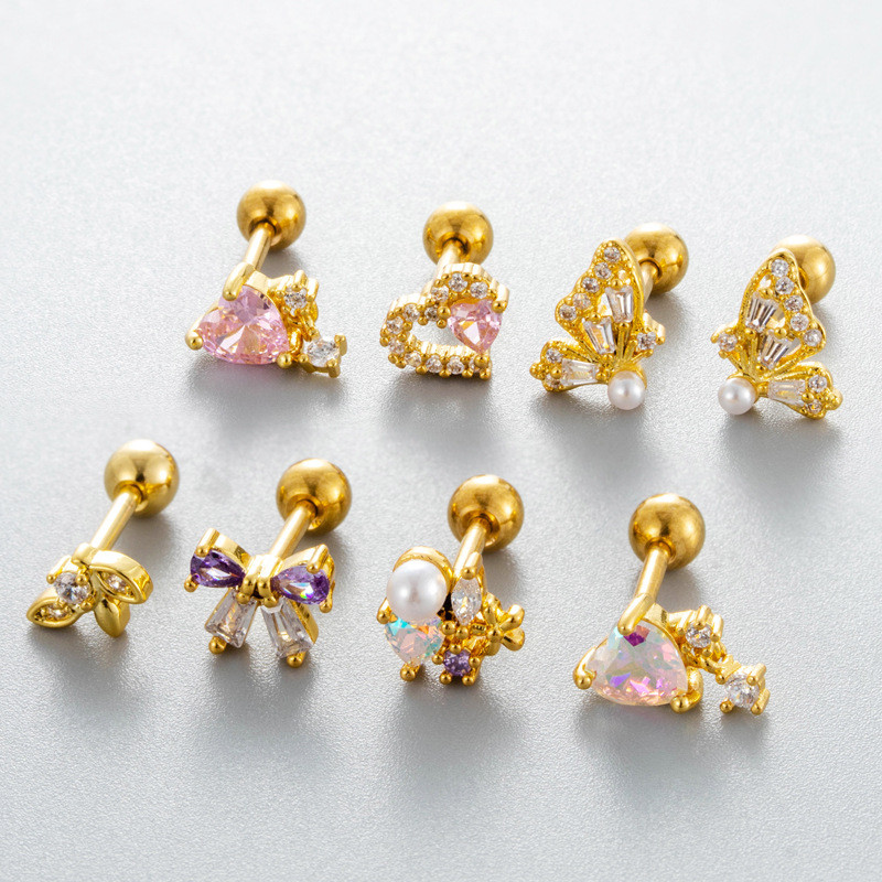 1Piece Cute Butterfly Heart Shape CZ Crystal Pealr Stud Earring for Women Stainless Steel Ear Helix Conch Rock Piercings Jewelry