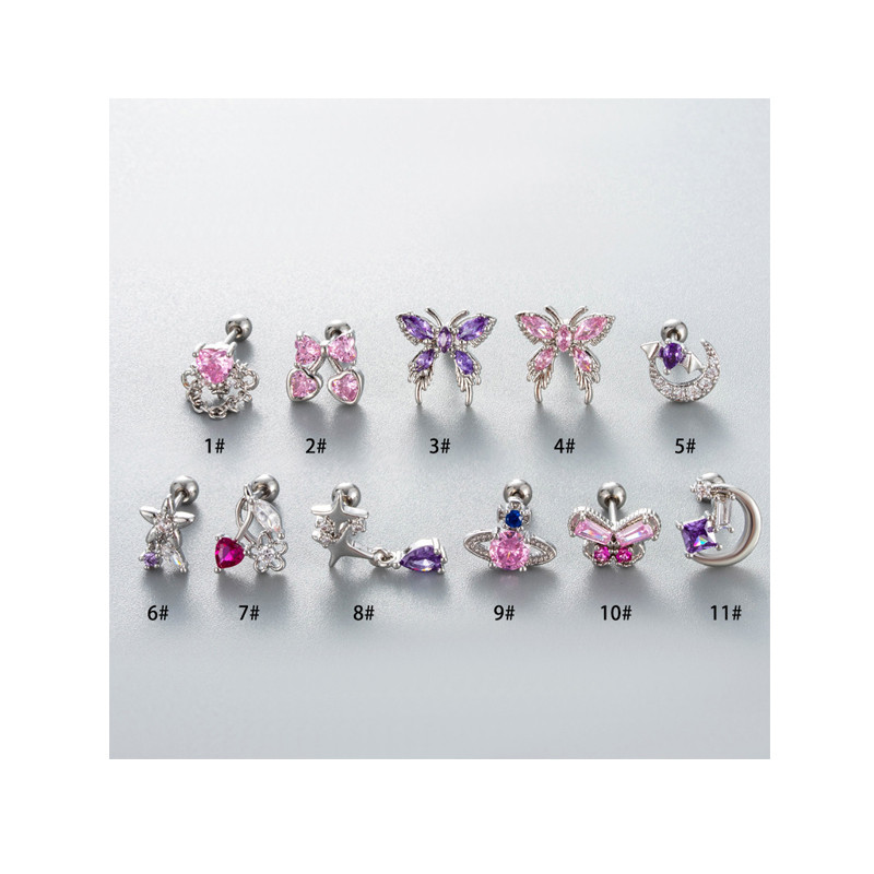 1PC Pink Zircon Butterfly Moon Cherry Planet Stud Earrings Stainless Steel Screw Back Cartilage Earring Helix Piercing Jewelry
