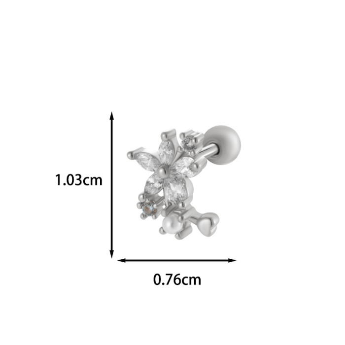 1PCS Cubic Zirconia Single Flower Ear Piercing Gold Silver Cartilage Stud Earring with Stainless Steel Butterfly Design Jewelry