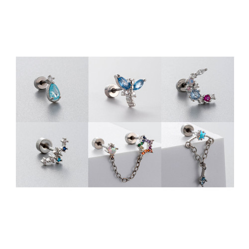 1PC 316L Steel Star Water Drop Heart CZ Chain Ear Cartilage Tragus Helix Stud Earring Daith Lobe Piercing Body Jewelry