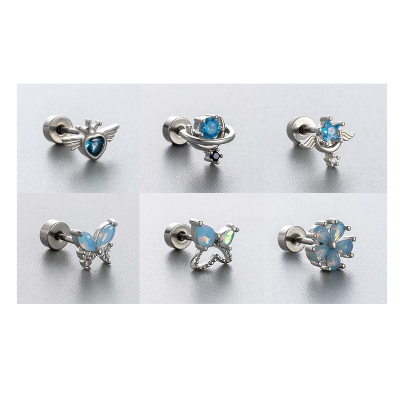 1 pcs INS Fashion Blue Color Zircon 316L Stainless Steel Ear Bone Nail For Women Bling Star Heart Shape Cartilage Earring Gift