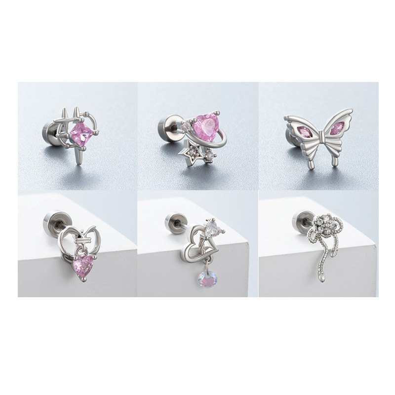 1Piece Pink CZ Love Heart Helix Earrings Stud for Women Screw Back Stainless Steel Ear Cartilage Dangle Earring Piercing Jewelry
