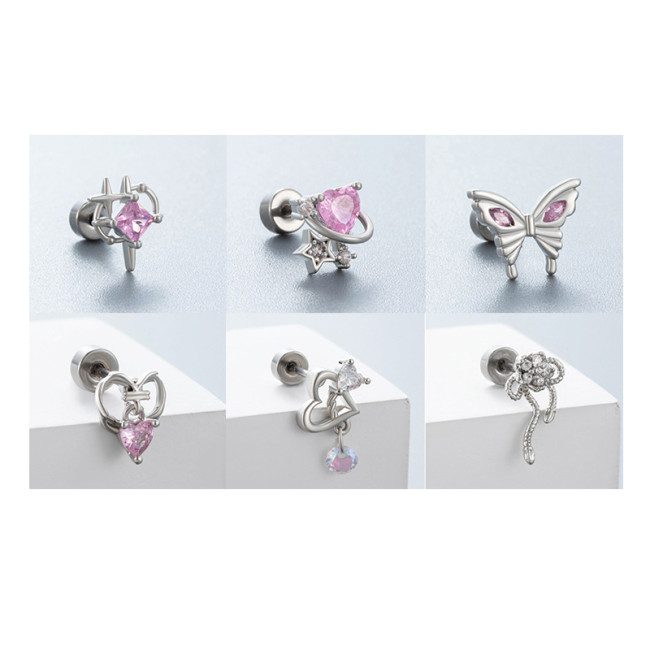 1Piece Pink CZ Love Heart Helix Earrings Stud for Women Screw Back Stainless Steel Ear Cartilage Dangle Earring Piercing Jewelry