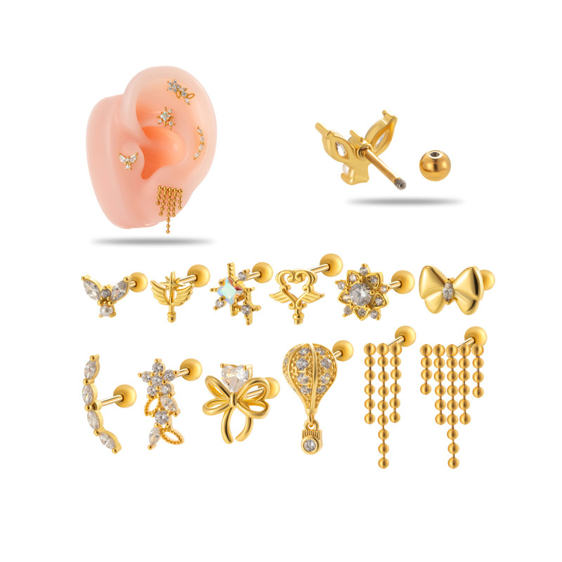 1 Piece Stainless Steel Heart Stud Earring Shiny CZ Crystal Tassel Drop Ear Studs Cartilage Helix Conch Piercing Jewelry