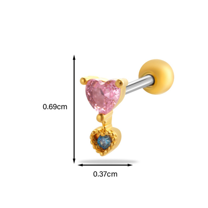 1PCS Gold Plated Stainless Steel Screw Stud Earrings Colorful CZ Heart Butterfly Cartilage Earring Lobe Helix Piercing Jewelry