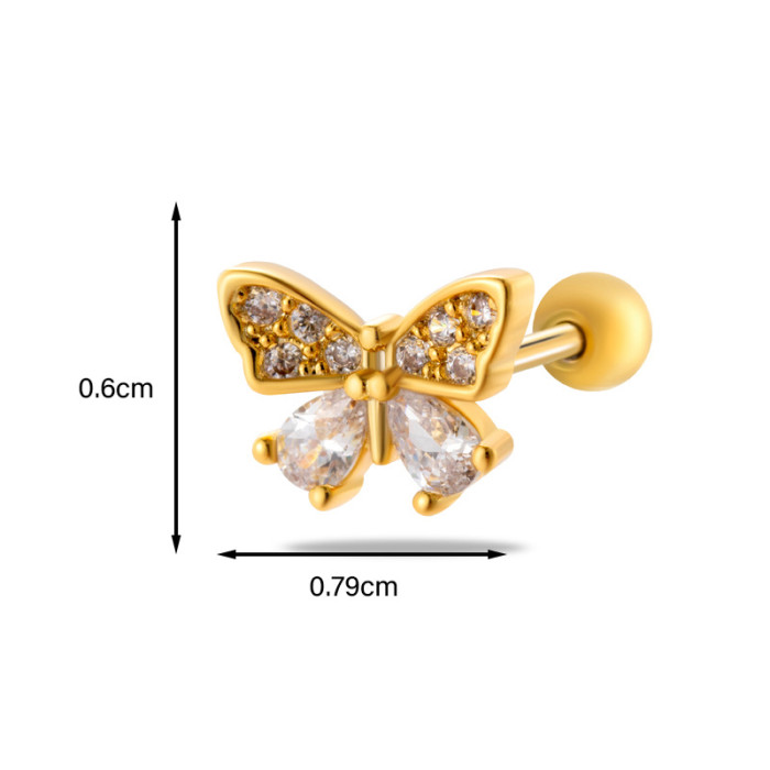 1Piece Colorful Zircon Stud Earrings Heart Butterfly Flower Screw Back Stainless Steel Cartilage Earring Helix Piercing Jewelry