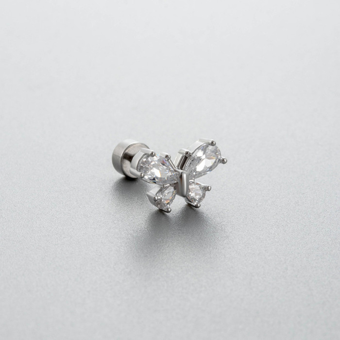 1PC Titanium Steel Butterfly Zircon Ear Bone Stud Stud Ear Tragus Internally Threaded Flat Bottom Cartilage Piercing Earring