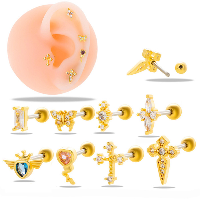1Piece Korean Fashion Stainless Steel Piercing Helix Stud Cross Zircon Ear Piercing Earrings for Women Trend Jewelry