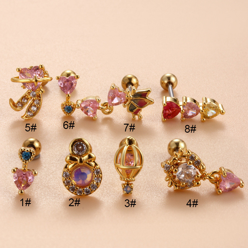 1PCS Gold Plated Stainless Steel Screw Stud Earrings Colorful CZ Heart Butterfly Cartilage Earring Lobe Helix Piercing Jewelry