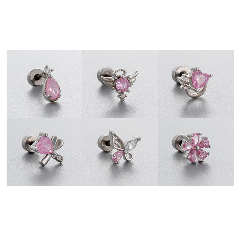 1PCS Cute Zirconia Dimensional Wings Moon Chain Piercing Screw Stud Earrings for Women Girls Fashion Jewelry In Summer