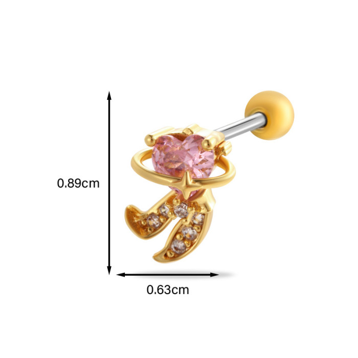 1PCS Gold Plated Stainless Steel Screw Stud Earrings Colorful CZ Heart Butterfly Cartilage Earring Lobe Helix Piercing Jewelry