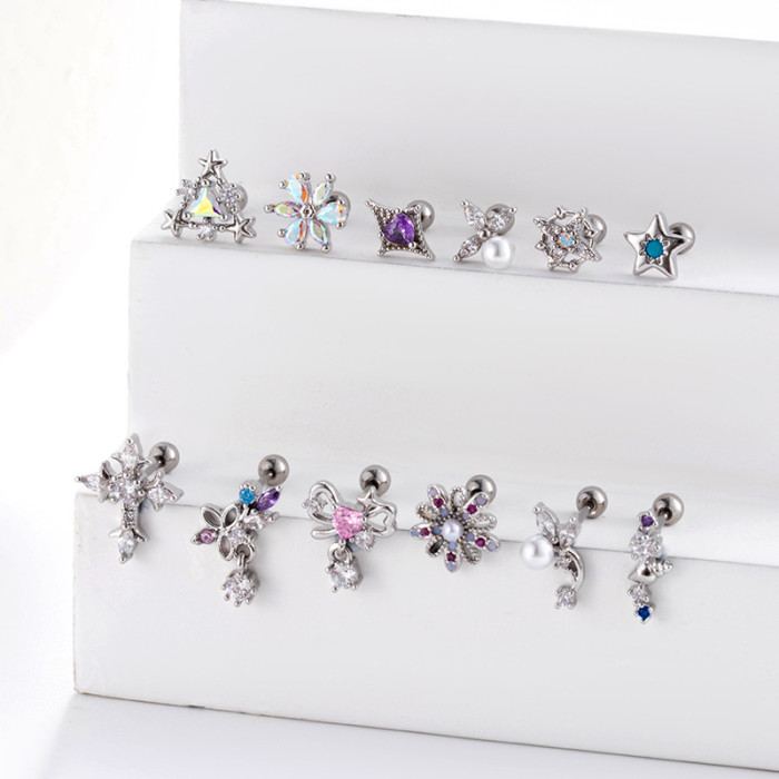 1Piece Cute Multicolour Zircon Star Flower Cross Screw Back Cartilage Stud Earrings Stainless Steel Helix Ear Piercing Jewelry