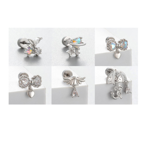 1PC Stainless Steel Ear Helix Tragus Cartilage Piercing Jewelry Love Heart Bowknot Crystal Zircon Screw Back Stud Earrings