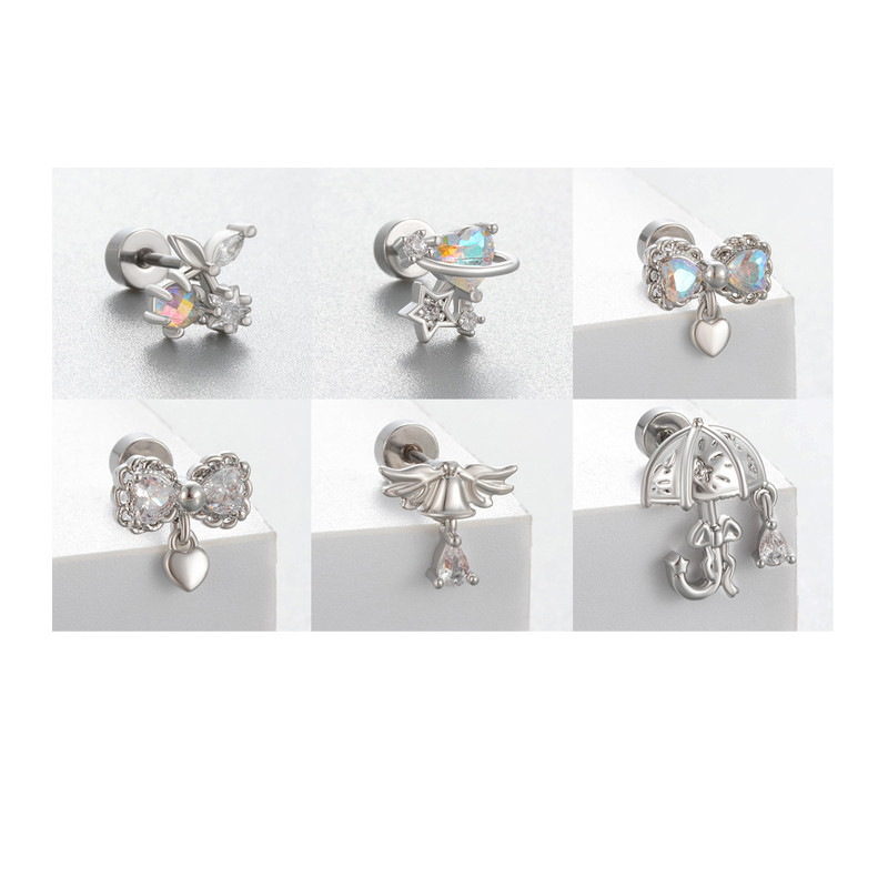 1PC Stainless Steel Ear Helix Tragus Cartilage Piercing Jewelry Love Heart Bowknot Crystal Zircon Screw Back Stud Earrings