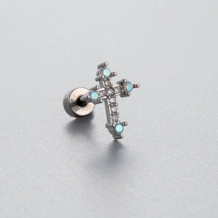 Colorful Zircon Butterfly Cross Earbone Stud Cochlear Cartilage Earring Sweet Cool Screw Earrings for Super Men Women's