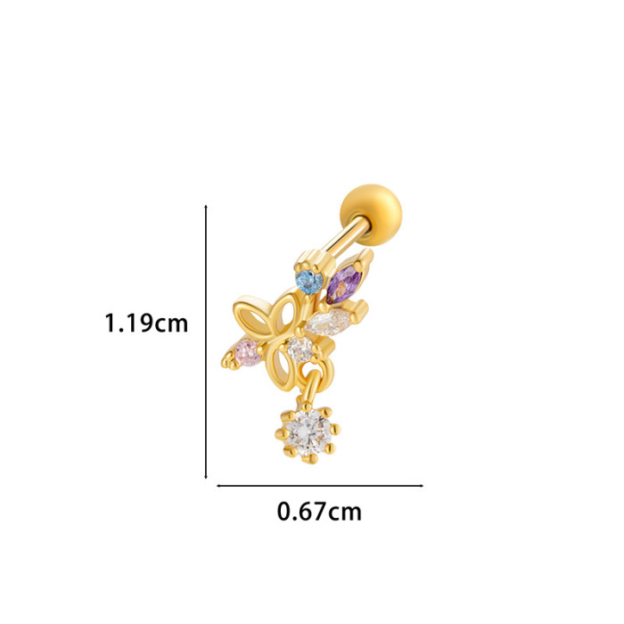 1Piece Cute Multicolour Zircon Star Flower Cross Screw Back Cartilage Stud Earrings Stainless Steel Helix Ear Piercing Jewelry