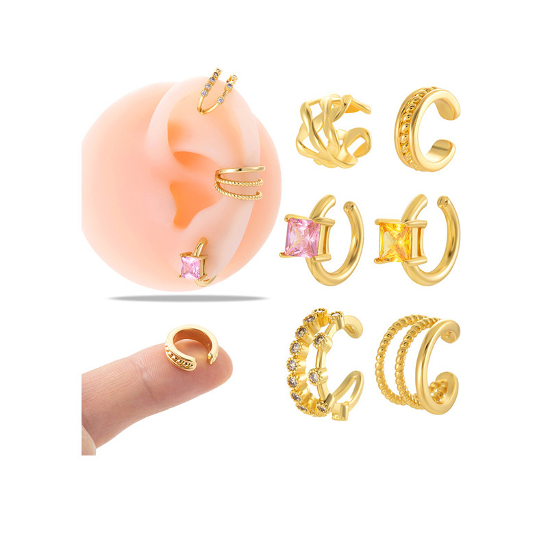 1PC Fake Piercing Ear Clip Square Zircon U-shaped Earrings Cuffs Ring Cartilage Conch Fake Jewelry For Women