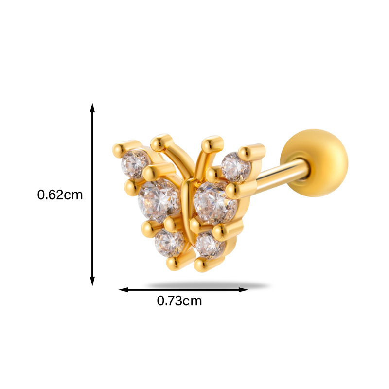 1Piece Colorful Zircon Stud Earrings Heart Butterfly Flower Screw Back Stainless Steel Cartilage Earring Helix Piercing Jewelry